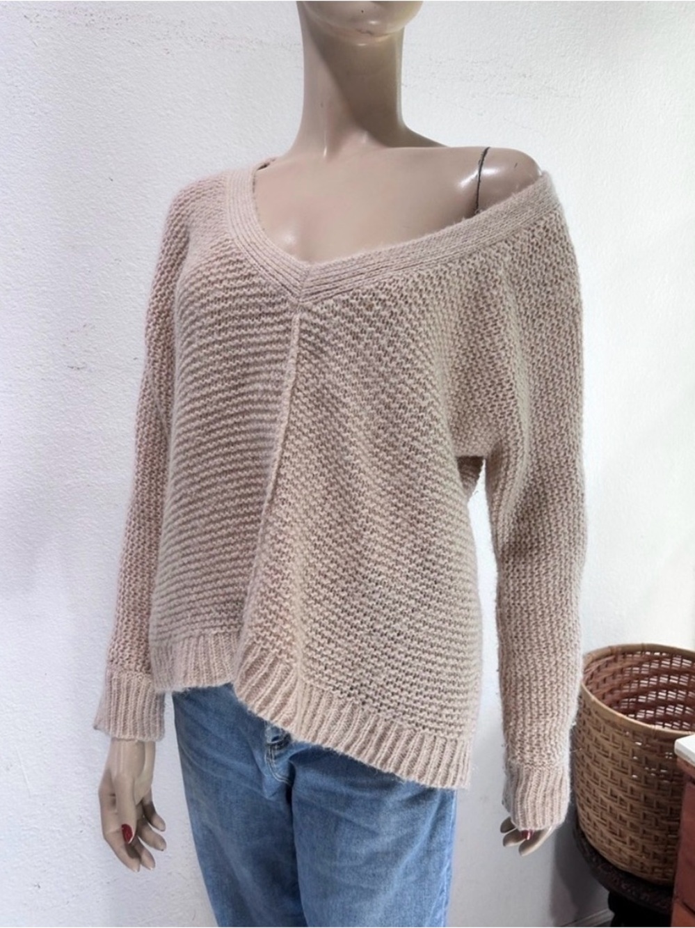 Free people V-Neck Ribbed Knit Sweater - Light Beige